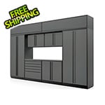 Proslat 9-Piece Glossy Grey Cabinet Set with Black Handles and Stainless Steel Worktop