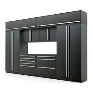 9-Piece Mat Black Cabinet Set with Silver Handles and Powder Coated Worktop