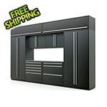 Proslat 9-Piece Mat Black Cabinet Set with Silver Handles and Stainless Steel Worktop