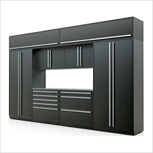 9-Piece Mat Black Cabinet Set with Silver Handles and Stainless Steel Worktop