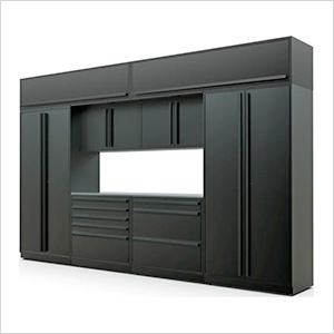 9-Piece Mat Black Cabinet Set with Black Handles and Stainless Steel Worktop