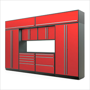 9-Piece Glossy Red Cabinet Set with Silver Handles and Powder Coated Worktop