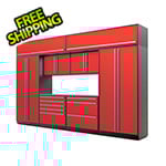 Proslat 9-Piece Glossy Red Cabinet Set with Silver Handles and Stainless Steel Worktop