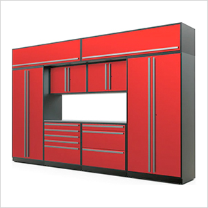 9-Piece Glossy Red Cabinet Set with Silver Handles and Stainless Steel Worktop