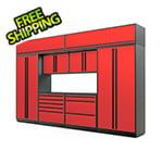 Proslat Garage Cabinets 9-Piece Glossy Red Cabinet Set with Black Handles and Powder Coated Worktop