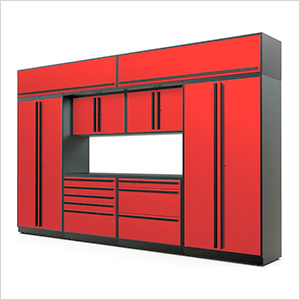 9-Piece Glossy Red Cabinet Set with Black Handles and Powder Coated Worktop