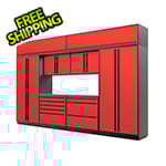 Proslat 9-Piece Glossy Red Cabinet Set with Black Handles and Stainless Steel Worktop