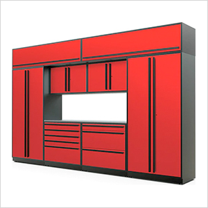 9-Piece Glossy Red Cabinet Set with Black Handles and Stainless Steel Worktop