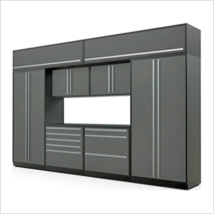 9-Piece Glossy Grey Cabinet Set with Silver Handles and Powder Coated Worktop