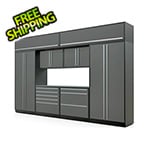 Proslat Garage Cabinets 9-Piece Glossy Grey Cabinet Set with Silver Handles and Stainless Steel Worktop