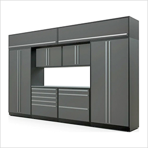 9-Piece Glossy Grey Cabinet Set with Silver Handles and Stainless Steel Worktop