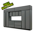 Proslat Fusion Plus 9-Piece Glossy Grey Garage Cabinet Set with Black Handles and Powder Coated Countertop