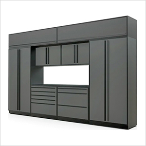 9-Piece Glossy Grey Cabinet Set with Black Handles and Powder Coated Worktop