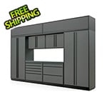 Proslat 9-Piece Glossy Grey Cabinet Set with Black Handles and Stainless Steel Worktop