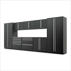 9-Piece Mat Black Cabinet Set with Silver Handles and Stainless Steel Worktop