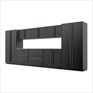 9-Piece Mat Black Cabinet Set with Black Handles and Stainless Steel Worktop