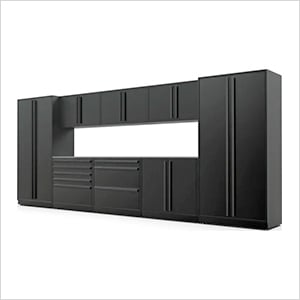 10-Piece Mat Black Cabinet Set with Black Handles and Stainless Steel Worktop