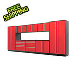 Proslat Garage Cabinets 10-Piece Glossy Red Cabinet Set with Silver Handles and Powder Coated Worktop