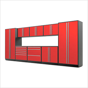 9-Piece Glossy Red Cabinet Set with Silver Handles and Stainless Steel Worktop