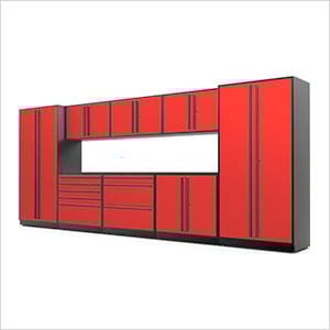 9-Piece Glossy Red Cabinet Set with Black Handles and Powder Coated Worktop