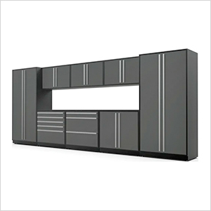 9-Piece Glossy Grey Cabinet Set with Silver Handles and Powder Coated Worktop