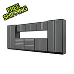 Proslat 10-Piece Glossy Grey Cabinet Set with Silver Handles and Stainless Steel Worktop