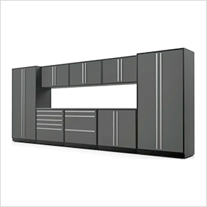 9-Piece Glossy Grey Cabinet Set with Silver Handles and Stainless Steel Worktop