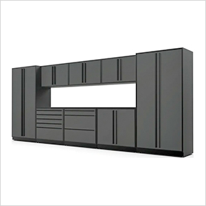 9-Piece Glossy Grey Cabinet Set with Black Handles and Powder Coated Worktop
