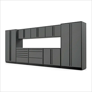 9-Piece Glossy Grey Cabinet Set with Black Handles and Stainless Steel Worktop