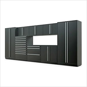 9-Piece Mat Black Cabinet Set with Silver Handles and Powder Coated Worktop