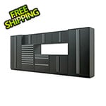 Proslat 9-Piece Mat Black Cabinet Set with Silver Handles and Stainless Steel Worktop