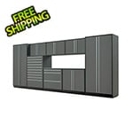 Proslat 9-Piece Glossy Grey Cabinet Set with Silver Handles and Stainless Steel Worktop