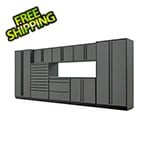 Proslat 9-Piece Glossy Grey Cabinet Set with Black Handles and Stainless Steel Worktop