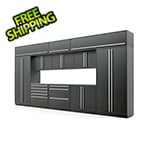 Proslat Garage Cabinets 13-Piece Mat Black Cabinet Set with Silver Handles and Stainless Steel Worktop