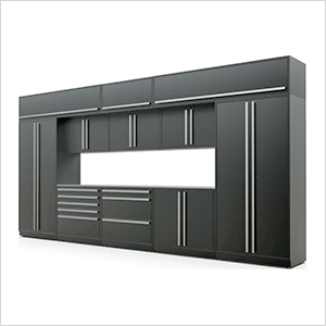 13-Piece Mat Black Cabinet Set with Silver Handles and Stainless Steel Worktop