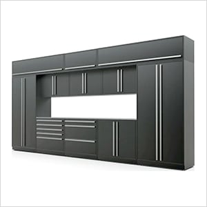 13-Piece Mat Black Cabinet Set with Silver Handles and Stainless Steel Worktop