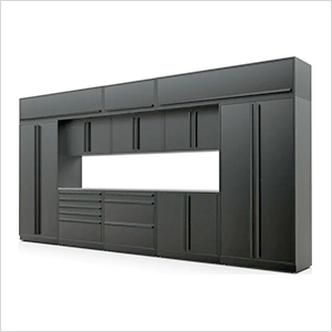 12-Piece Mat Black Cabinet Set with Black Handles and Stainless Steel Worktop
