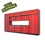 Proslat Garage Cabinets 13-Piece Glossy Red Cabinet Set with Silver Handles and Powder Coated Worktop