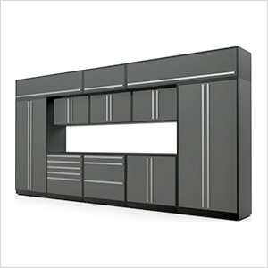 12-Piece Glossy Grey Cabinet Set with Silver Handles and Powder Coated Worktop