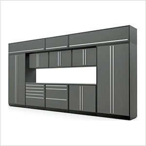 12-Piece Glossy Grey Cabinet Set with Silver Handles and Stainless Steel Worktop
