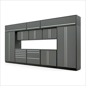 13-Piece Glossy Grey Cabinet Set with Silver Handles and Stainless Steel Worktop