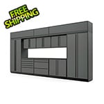 Proslat Fusion Plus 13-Piece Glossy Grey Garage Cabinet Set with Black Handles and Powder Coated Countertop