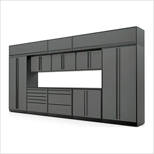 13-Piece Glossy Grey Cabinet Set with Black Handles and Powder Coated Worktop
