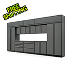 Proslat 13-Piece Glossy Grey Cabinet Set with Black Handles and Stainless Steel Worktop