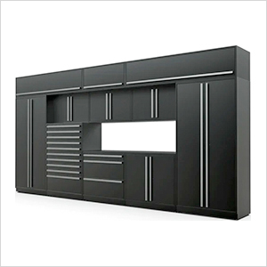12-Piece Mat Black Cabinet Set with Silver Handles and Powder Coated Worktop