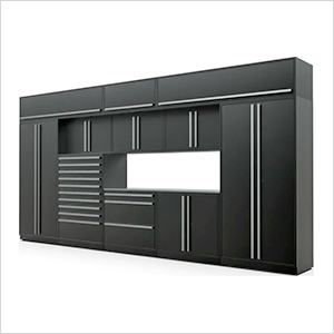 12-Piece Mat Black Cabinet Set with Silver Handles and Stainless Steel Worktop