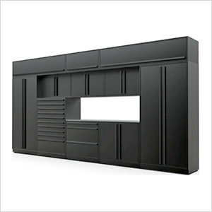 12-Piece Mat Black Cabinet Set with Black Handles and Stainless Steel Worktop
