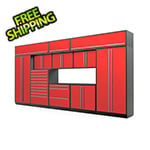 Proslat Garage Cabinets 12-Piece Glossy Red Cabinet Set with Silver Handles and Powder Coated Worktop