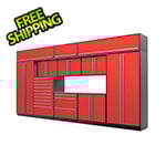 Proslat 12-Piece Glossy Red Cabinet Set with Silver Handles and Stainless Steel Worktop
