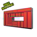 Proslat 12-Piece Glossy Red Cabinet Set with Black Handles and Stainless Steel Worktop